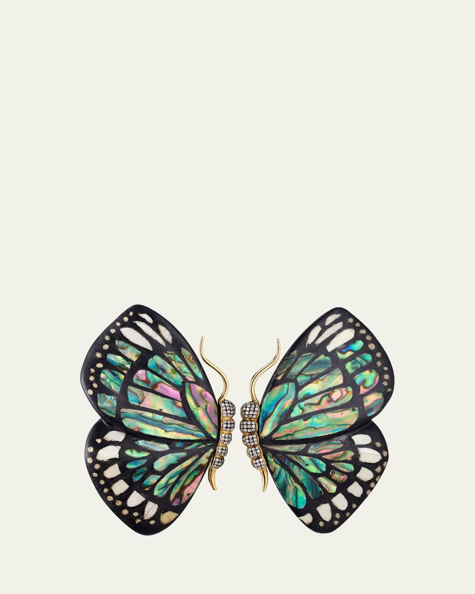 18K Yellow Gold Butterfly Wing Marquetry Earrings with Mother Of Pearl, Abalone Inlay and Diamonds